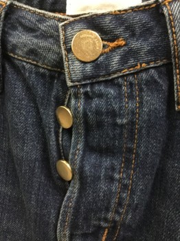 Womens, Jeans, SEZANE, Dk Blue, Cotton, Solid, 28, Dark Blue Denim, Slightly Washed Out & Wrinkle Lines, Brass Button Front, , 5 Pockets