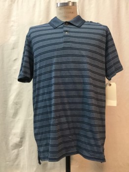 ST JOHNS BAY, Blue, Navy Blue, Cotton, Polyester, Stripes, Blue, Navy Stripes, Collar Attached, Short Sleeves,