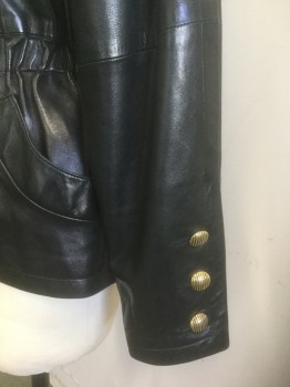 Womens, 1980s Vintage, Suit, Jacket, YVES ST.LAURENT, Black, Leather, Solid, B32-34, S, Zip Front, High Curved V-neck with No Lapel, Heavy Shoulder Pads, Elastic Waist, 2 Curved Pockets at Hips, Gold Buckle at Center Front Waist, High End