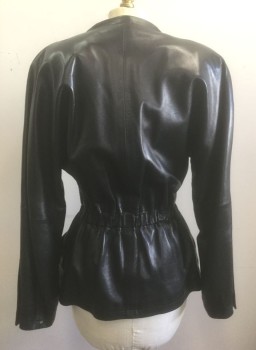 YVES ST.LAURENT, Black, Leather, Solid, Zip Front, High Curved V-neck with No Lapel, Heavy Shoulder Pads, Elastic Waist, 2 Curved Pockets at Hips, Gold Buckle at Center Front Waist, High End