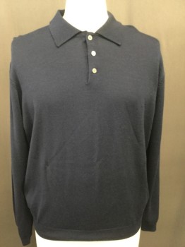 Mens, Pullover Sweater, PRONTO UOMO, Navy Blue, Wool, Solid, L, Polo Style, Collar Attached, Long Sleeves, FC055405