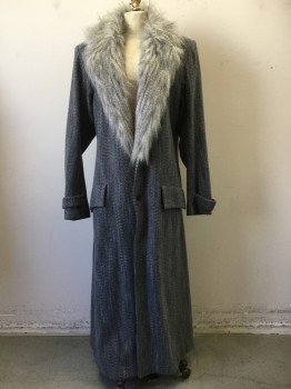 Mens, Coat, STEN VOLLUMILLER, Gray, Ivory White, Black, Wool, Tweed, C40, 2 Buttons,  Faux Fur Collar and Lapel, 2 Pockets, Back Belt Detail, Multiples,