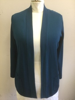 ANNE KLEIN, Turquoise Blue, Polyester, Viscose, Solid, Dark Turquoise, Lightweight Knit, Long Sleeves, Open at Center Front with No Closures, 2 Patch Pockets with Button Closures