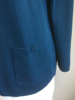ANNE KLEIN, Turquoise Blue, Polyester, Viscose, Solid, Dark Turquoise, Lightweight Knit, Long Sleeves, Open at Center Front with No Closures, 2 Patch Pockets with Button Closures