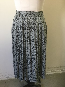 Womens, 1980s Vintage, Skirt, N/L, Black, White, Rayon, Paisley/Swirls, W:30, 2" Wide Self Waistband with Belt Loops, Mid Calf Length, Pleated at Waist, Button Closure at Side Waist, Late 1980's - Early 1990's
