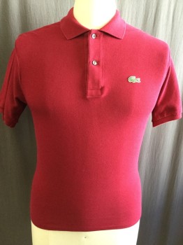 LACOSTE, Dk Red, Cotton, Solid, Collar Attached, 2 Button Front, Short Sleeves,