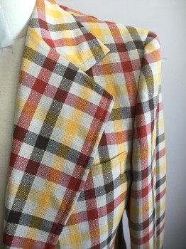 TAILORED TO MEASURE, Ecru, Sunflower Yellow, Red, Dk Brown, Polyester, Wool, Plaid, Single Breasted, 2 Buttons, 2 Patch Pockets with Flaps, 1 Welt Pocket, Center Back Vent,