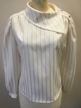 KOSTANZA, Off White, Mauve Purple, Polyester, Stripes - Vertical , Off White with Mauve and Self Vertical Striped Satin, Long Sleeves, 3 Mauve Button Closures at Shoulder, Asymmetric Cowl Neck with Pointed End, Puffy Sleeves Gathered at Shoulders, **Missing Several Original Buttons
