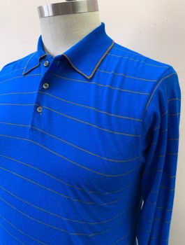 SEARS, Blue, Ochre Brown-Yellow, Acrylic, Stripes - Horizontal , Thinly Striped, Knit, Long Sleeved Polo, 3 Button Front, Rib Knit Collar Attached,