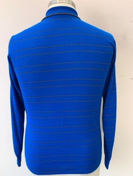 SEARS, Blue, Ochre Brown-Yellow, Acrylic, Stripes - Horizontal , Thinly Striped, Knit, Long Sleeved Polo, 3 Button Front, Rib Knit Collar Attached,