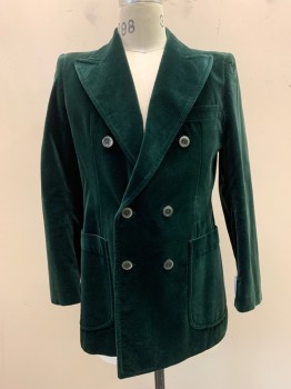 GUZOS, Forest Green, Cotton, Synthetic, Peaked Lapel, Double Breasted, Button Front, 2 Buttons, 3 Pockets, Velveteen