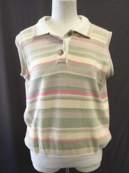 Womens, Vest, ELANDALE, Cream, Pink, Lime Green, Cotton, Stripes, S, 3 Button Placket Polo, Self Dash Stripe Pattern