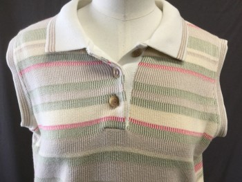 Womens, Vest, ELANDALE, Cream, Pink, Lime Green, Cotton, Stripes, S, 3 Button Placket Polo, Self Dash Stripe Pattern