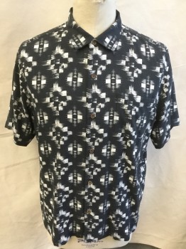 TOMMY BAHAMAS, Faded Black, Off White, Silk, Polyester, Abstract , Basket Weave, (DOUBLE)  Collar Attached, Wood Button Front, 1 Pocket, Short Sleeves,