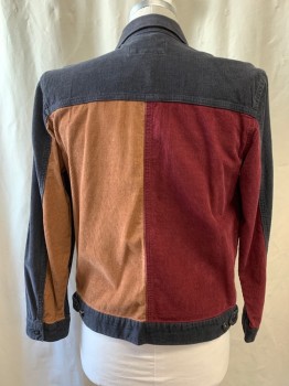 Mens, Casual Jacket, BARNEYS COOL, Charcoal Gray, Lt Brown, Brown, Cotton, Color Blocking, M, Corduroy, Collar Attached, Button Front, Long Sleeves, 4 Pockets