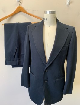 Mens, 1970s Vintage, Suit, Jacket, N/L, Navy Blue, Polyester, Solid, 36L, Ribbed Texture, Single Breasted, Wide Notched Lapel, 2 Buttons, 3 Pockets,