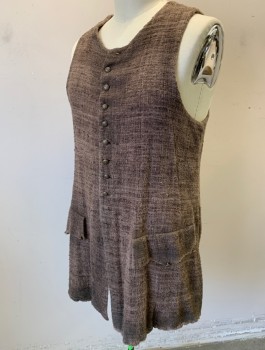 Mens, Historical Fiction Vest, N/L MTO, Dusty Brown, Silk, Solid, 44, Coarsely Woven Raw Silk, Embossed Metal Buttons at Center Front, Round Neck, 2 Faux Batwing Flap Pockets, Vents at Sides/Back Hem, Aged/Worn, Peasant, Made To Order Reproduction