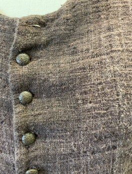 Mens, Historical Fiction Vest, N/L MTO, Dusty Brown, Silk, Solid, 44, Coarsely Woven Raw Silk, Embossed Metal Buttons at Center Front, Round Neck, 2 Faux Batwing Flap Pockets, Vents at Sides/Back Hem, Aged/Worn, Peasant, Made To Order Reproduction