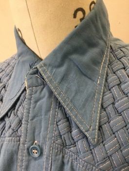 Mens, Western Shirt, N/L, French Blue, Cotton, Solid, S, Long Sleeve Button Front, Collar Attached, Self Basketweave at Shoulder Yoke & 2 Slanted Patch Pockets, White Top Stitching, Western Inspired,