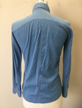 Mens, Western Shirt, N/L, French Blue, Cotton, Solid, S, Long Sleeve Button Front, Collar Attached, Self Basketweave at Shoulder Yoke & 2 Slanted Patch Pockets, White Top Stitching, Western Inspired,