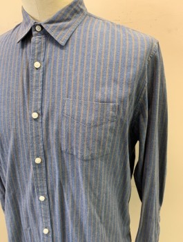 LUCKY BRAND, Dusty Blue, Dusty Brown, Cotton, Elastane, Stripes - Vertical , Long Sleeve Button Front, Collar Attached, 1 Patch Pocket, Looks Like Work Wear, **Has TV Alts in Back - Darts