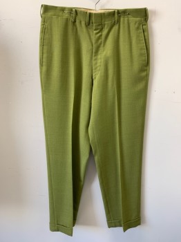 N/L, Moss Green, Wool, Polyester, Solid, Flat Front, Zip Front, Belt Loops, Hook & Eye Close, 5 Pockets, Cuffs, Tapered