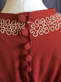 FOX NL , Brick Red, Cream, Synthetic, Solid, Cream Curly Embroidery Work on Crew Neck and Short Sleeves Hem, Smocking at Shoulders, Chevron Gathered Under Bust Line, Top Stitch Skirt, 10 Self Cover Side Buttons, 5 Larger Self Cover Button Upper Back, with Matching Detached Belt