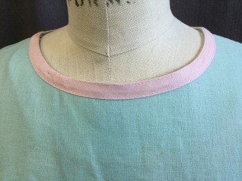 MAGGIE BREEN, Mint Green, Pink, Cotton, Linen, Solid, Round Neck with Pink Trim, Small Puffy Short Sleeves with Pink 1.5" Horizontal Pleat Cuffs &  Big Bow,  Chevron Gathered Dropped Waist, Zip Back (Faint Light Brown Stained Spots Upper Front & Back)