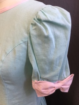 MAGGIE BREEN, Mint Green, Pink, Cotton, Linen, Solid, Round Neck with Pink Trim, Small Puffy Short Sleeves with Pink 1.5" Horizontal Pleat Cuffs &  Big Bow,  Chevron Gathered Dropped Waist, Zip Back (Faint Light Brown Stained Spots Upper Front & Back)