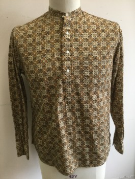 GITMAN BROS, Beige, Tan Brown, Dk Brown, Cotton, Geometric, Indian Inspired Pattern in Shades of Brown/Beige, Long Sleeves, Band Collar,  4 Button Placket, 1 Patch Pocket, Hippie Reproduction, Has a Double