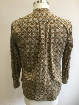GITMAN BROS, Beige, Tan Brown, Dk Brown, Cotton, Geometric, Indian Inspired Pattern in Shades of Brown/Beige, Long Sleeves, Band Collar,  4 Button Placket, 1 Patch Pocket, Hippie Reproduction, Has a Double