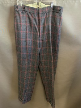 Mens, 1920s Vintage, Suit, Pants, COSTUME WORKSHOP, Navy Blue, Gray, Red, Wool, Plaid-  Windowpane, 36/29, Flat Front, Button Fly,  Small Pocket, 4 Pockets, Cuffs