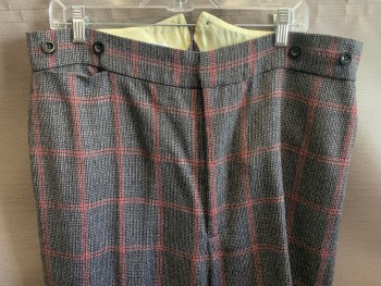 Mens, 1920s Vintage, Suit, Pants, COSTUME WORKSHOP, Navy Blue, Gray, Red, Wool, Plaid-  Windowpane, 36/29, Flat Front, Button Fly,  Small Pocket, 4 Pockets, Cuffs