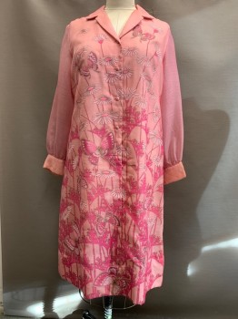 SHAHEEN, Pink, Fuchsia Pink, Polyester, Floral, Notched Lapel, Floral Printed Sheer Over Lined Bodice with Button Front Placket, Sheer, Button Cuffed Long Sleeves, Self Covered Buttons