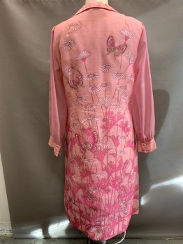 SHAHEEN, Pink, Fuchsia Pink, Polyester, Floral, Notched Lapel, Floral Printed Sheer Over Lined Bodice with Button Front Placket, Sheer, Button Cuffed Long Sleeves, Self Covered Buttons