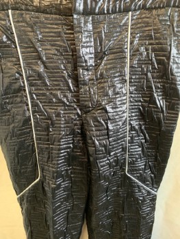 Mens, Sci-Fi/Fantasy Pants, MTO, Iridescent Black, Silver, Synthetic, Solid, Textured Fabric, 38/30, Zip Front, Silver Piping Half Way Done Both Front Sides Of Legs, Iridescent Quilted Fabric