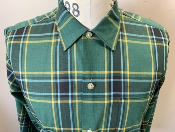 SEARS, Green, Black, Goldenrod Yellow, Lt Blue, Poly/Cotton, Plaid, Long Sleeves, Button Front, 1 Pocket, Collar Attached,