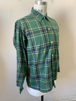 Mens, Shirt, SEARS, Green, Black, Goldenrod Yellow, Lt Blue, Poly/Cotton, Plaid, 15.5, M, Long Sleeves, Button Front, 1 Pocket, Collar Attached,