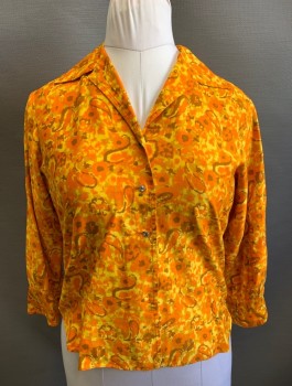 Womens, Blouse, SPORT TIME OF CALI, Orange, Yellow, Brown, Rayon, Abstract , B:38, 3/4 Sleeves, Button Front, Notched Collar Attached, 3 Gray Gemstone Buttons,