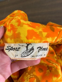 SPORT TIME OF CALI, Orange, Yellow, Brown, Rayon, Abstract , 3/4 Sleeves, Button Front, Notched Collar Attached, 3 Gray Gemstone Buttons,