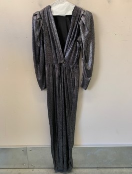 Womens, Jumpsuit, DQ FASHIONS, Black, Silver, Polyester, Dots, W:30, B:40, Deep V Neck Line, L/S, Button at Center, Zipper Above Crotch to Belly, Pleated Puffy Shoulders