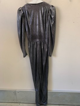 Womens, Jumpsuit, DQ FASHIONS, Black, Silver, Polyester, Dots, W:30, B:40, Deep V Neck Line, L/S, Button at Center, Zipper Above Crotch to Belly, Pleated Puffy Shoulders