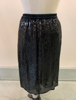 Womens, Skirt, EXCLUSIVE , Black, Silk, Rayon, Solid, W27-30, S, H40, Sequin Covered, Elastic Waist, Knee Length