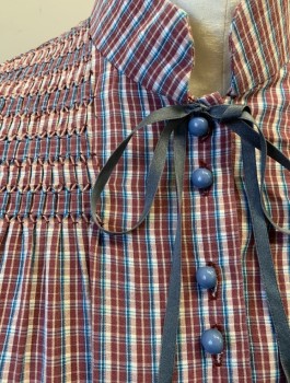 N/L, Brick Red, French Blue, White, Cotton, Plaid, 3/4 Puffy Sleeves, Button Front, with French Blue Plastic Buttons in Groups of 2, Stand Collar, Smocked Detail at Shoulders, Gray Ribbon at Neck, Very Blousy Oversized Fit