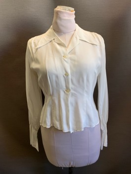 Womens, Blouse, N/L, White, Nylon, Solid, 12, 1940s, Pointed C.A., Button Front, L/S, French Cuffs,