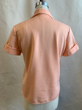 DONNKENNY, Peach Orange, Polyester, Solid, Knit, Button Front, Collar Attached, Short Sleeves, Button Tab Detail at Cuff