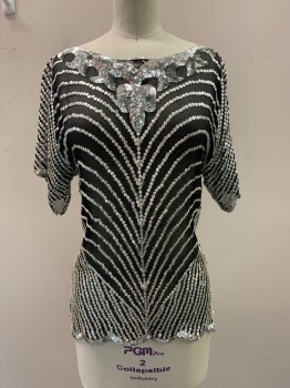 Womens, Blouse, NO LABEL, Black, Silver, Polyester, Sequins, Stripes, XS, S/S, Round Neck, Sheer, Sequins Detail