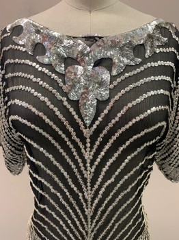 Womens, Blouse, NO LABEL, Black, Silver, Polyester, Sequins, Stripes, XS, S/S, Round Neck, Sheer, Sequins Detail