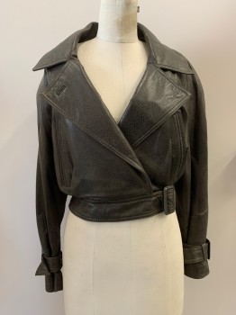Womens, Leather Jacket, ANDREW MARC, Dk Brown, Leather, Reptile/Snakeskin, W26, B36, C.A., Notched Lapel, 2 Pckts, Belted Waist And Cuffs