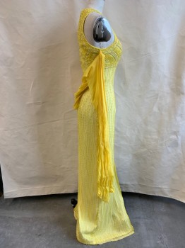 Womens, Evening Gown, NL, Yellow, Synthetic, Beaded, Solid, B 34, Beaded, Jewel Neckline with Keyhole, High Side Slit, Yellow Shawl Attached, Zip Back